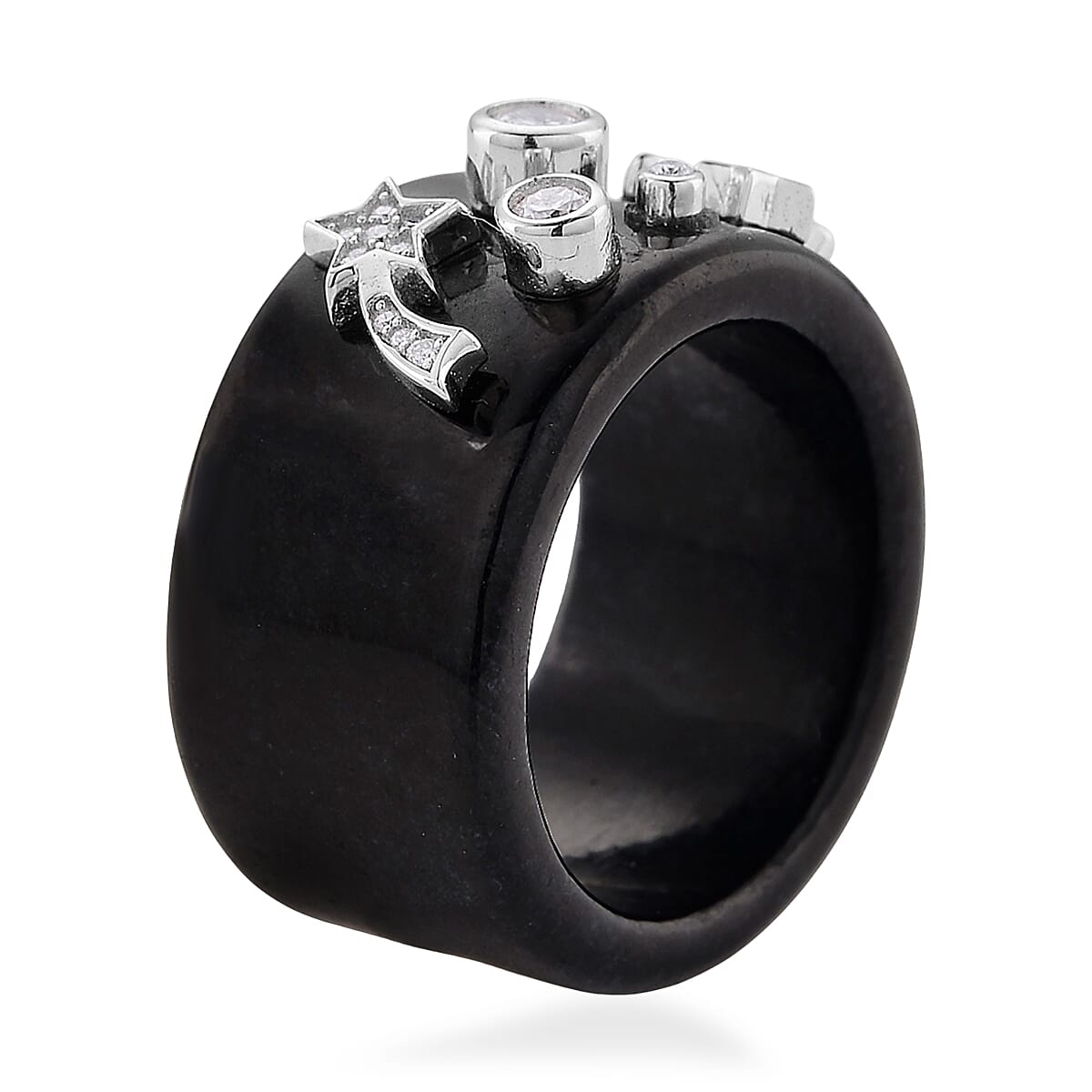 D'Joy Moissanite and Black Jade 33.80 ctw Band Moon Star Ring in Rhodium Over Sterling Silver (Size 6.0)