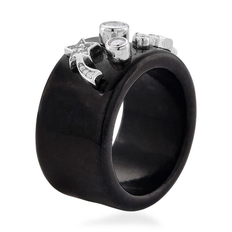 D'Joy Moissanite and Black Jade 33.80 ctw Band Moon Star Ring in Rhodium Over Sterling Silver (Size 6.0)
