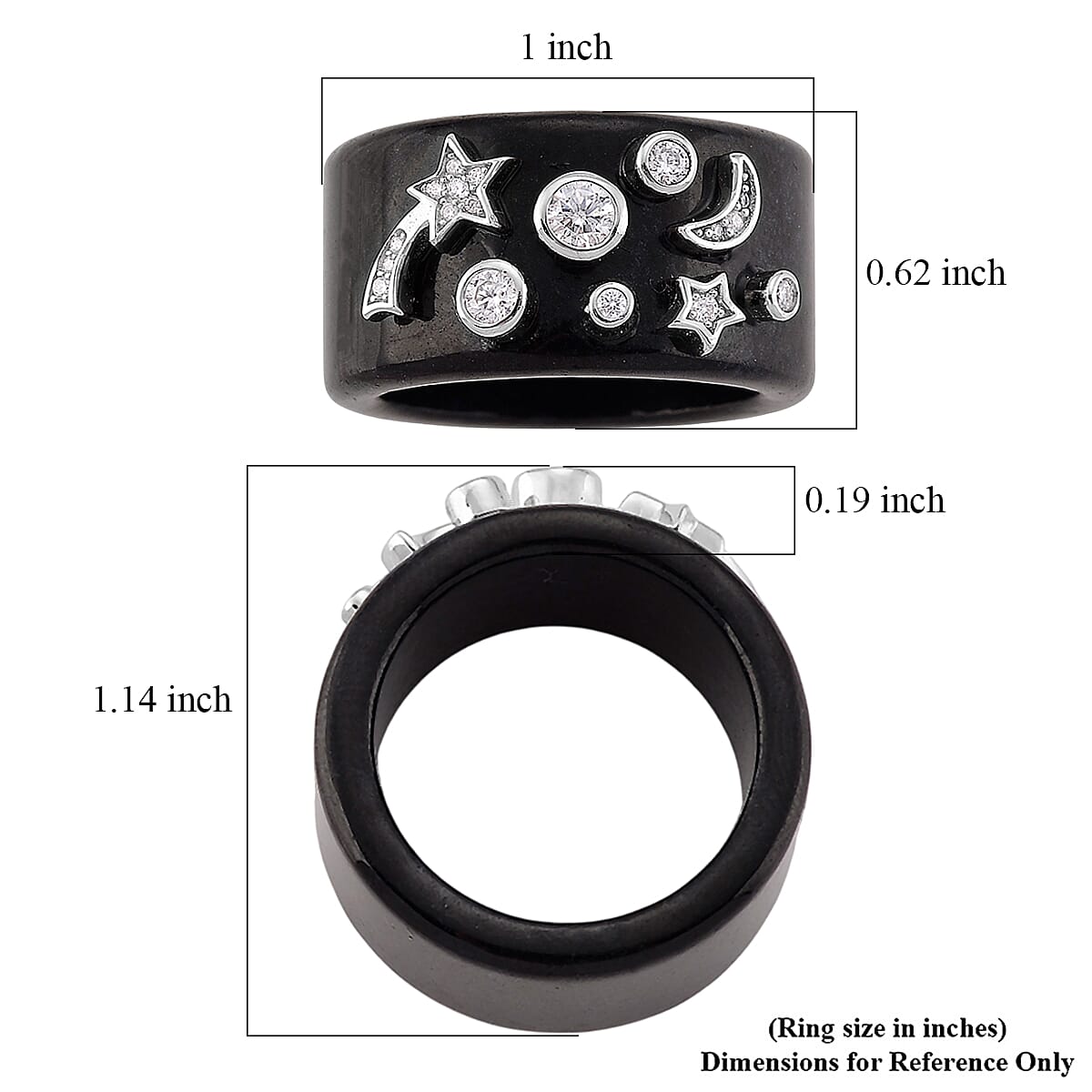 D'Joy Moissanite and Black Jade 33.80 ctw Band Moon Star Ring in Rhodium Over Sterling Silver (Size 6.0)