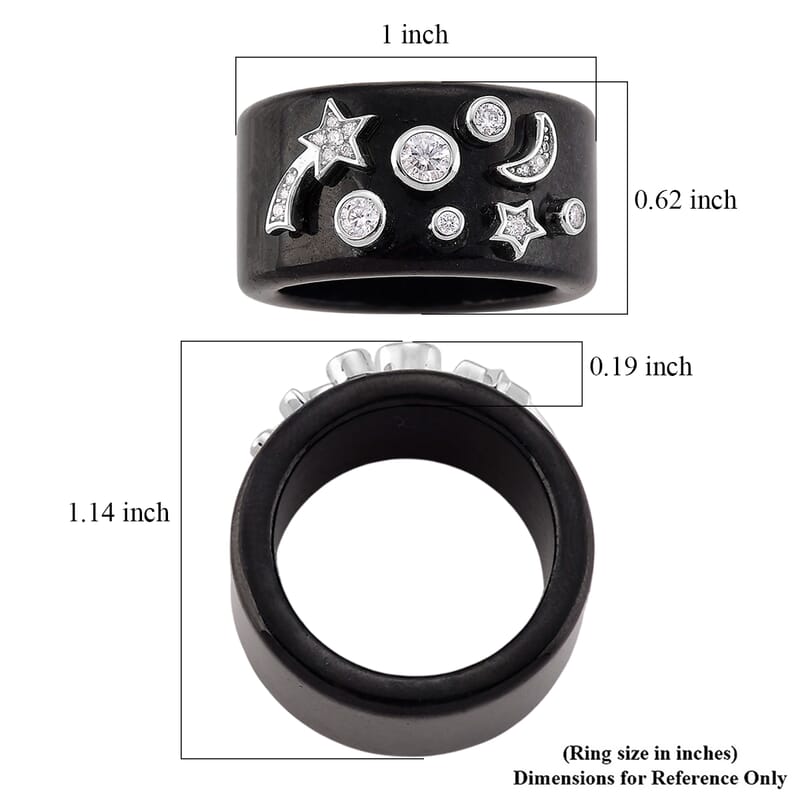 D'Joy Moissanite and Black Jade 33.80 ctw Band Moon Star Ring in Rhodium Over Sterling Silver (Size 6.0)