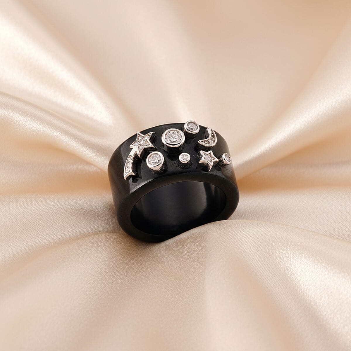 D'Joy Moissanite and Black Jade 33.80 ctw Band Moon Star Ring in Rhodium Over Sterling Silver (Size 7.0) image number 1