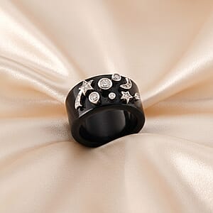 D'Joy Moissanite and Black Jade 33.80 ctw Band Moon Star Ring in Rhodium Over Sterling Silver (Size 7.0)