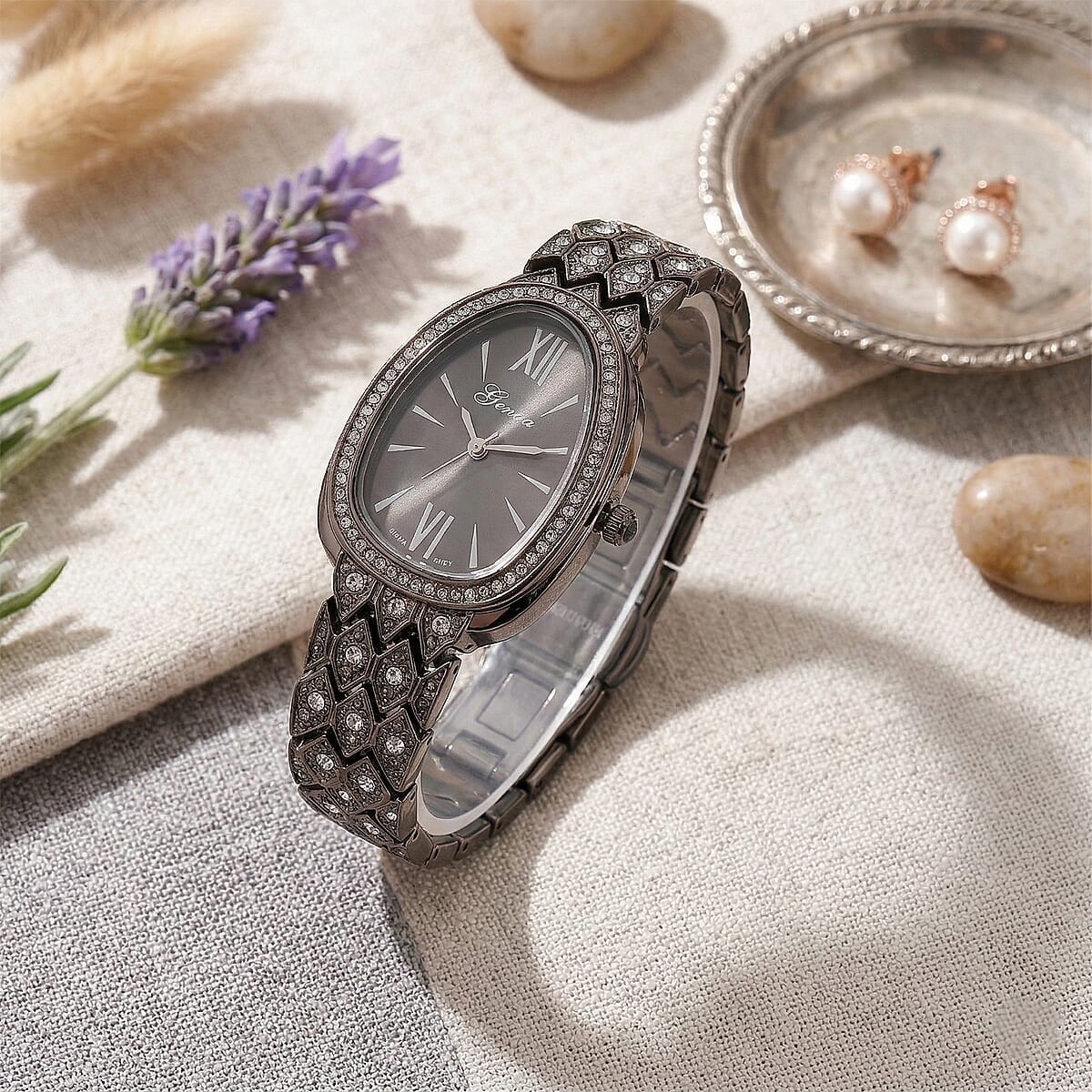 Genoa Austrian Crystal Japan Movement Watch in Black Silvertone image number 1