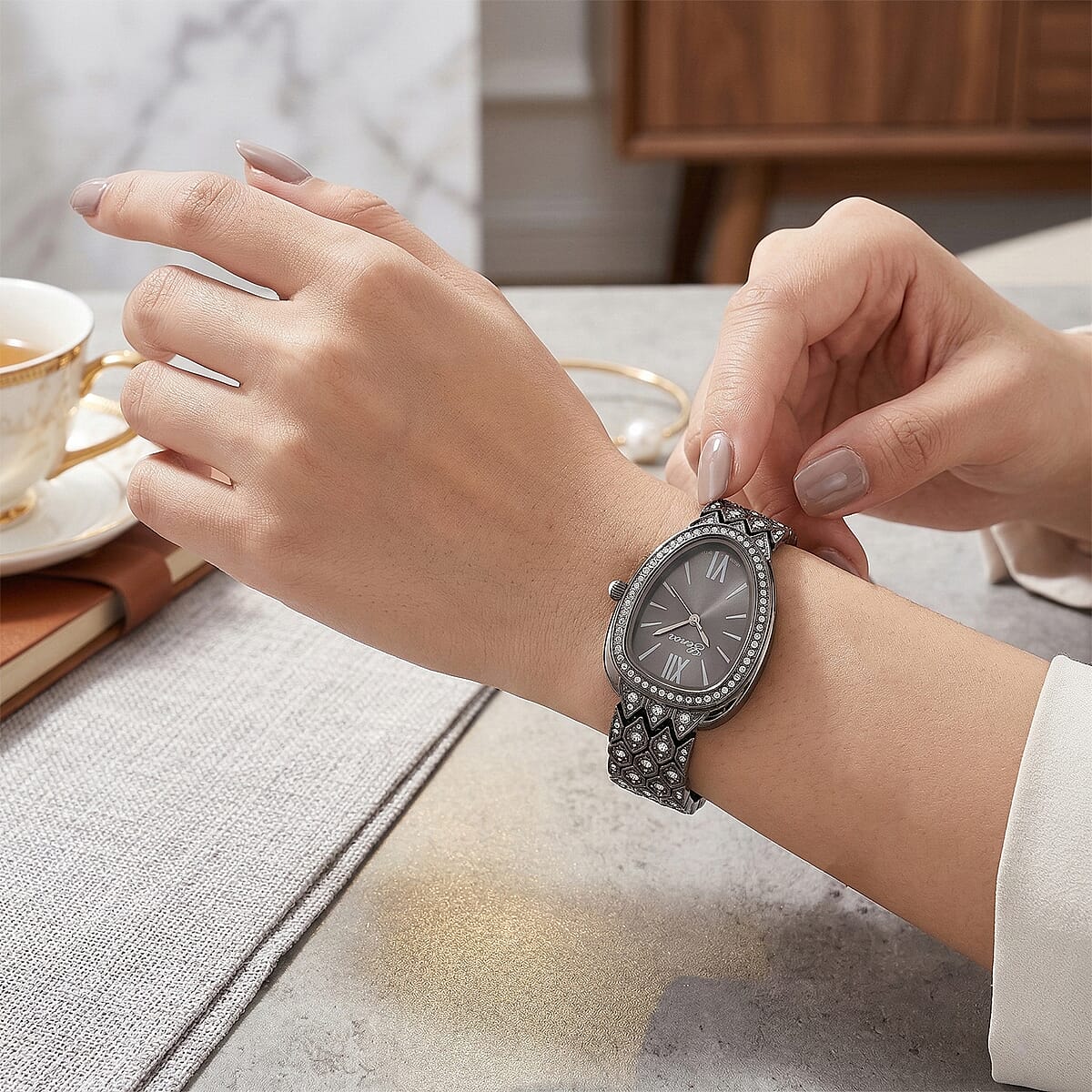 Genoa Austrian Crystal Japan Movement Watch in Black Silvertone image number 2