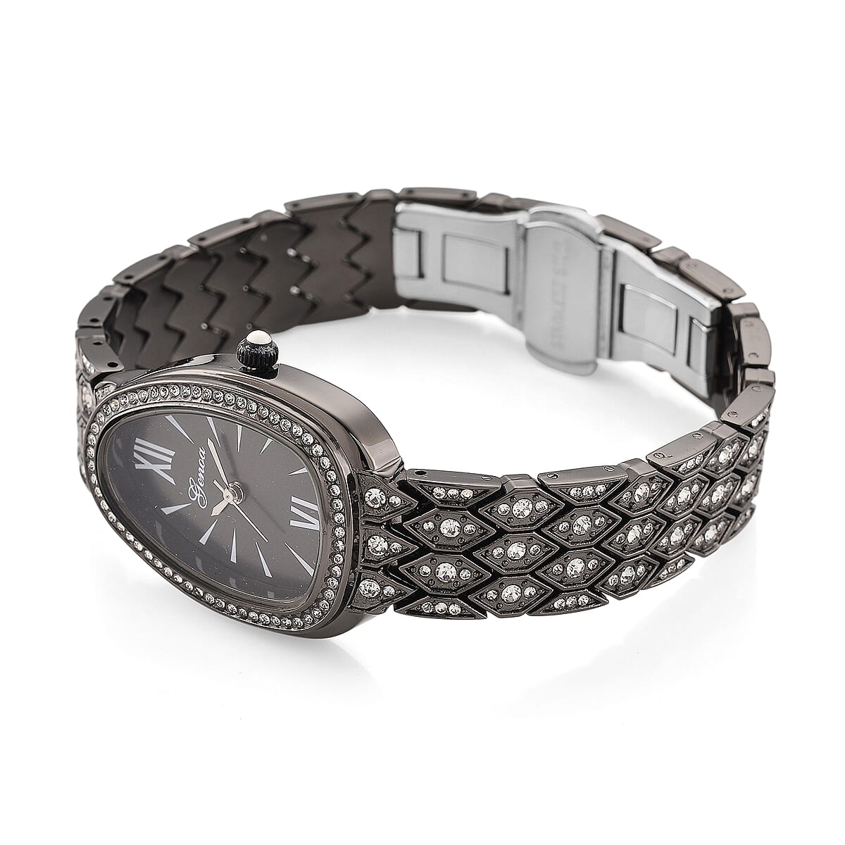 Genoa Austrian Crystal Japan Movement Watch in Black Silvertone image number 5