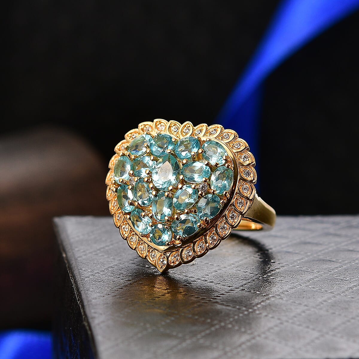 EverTrue Betroka Blue Apatite and White Zircon 3.65 ctw Heart of Aqualis Ring in 18K YG Plated (Size 5.0) image number 1