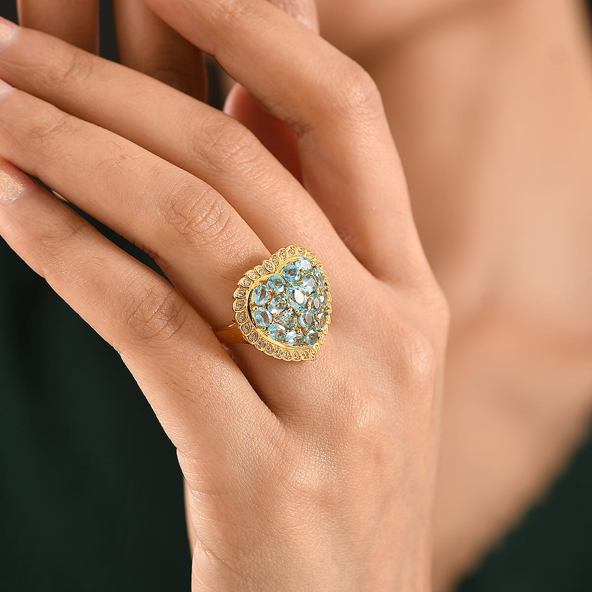 EverTrue Betroka Blue Apatite and White Zircon 3.65 ctw Heart of Aqualis Ring in 18K YG Plated (Size 8.0) image number 2