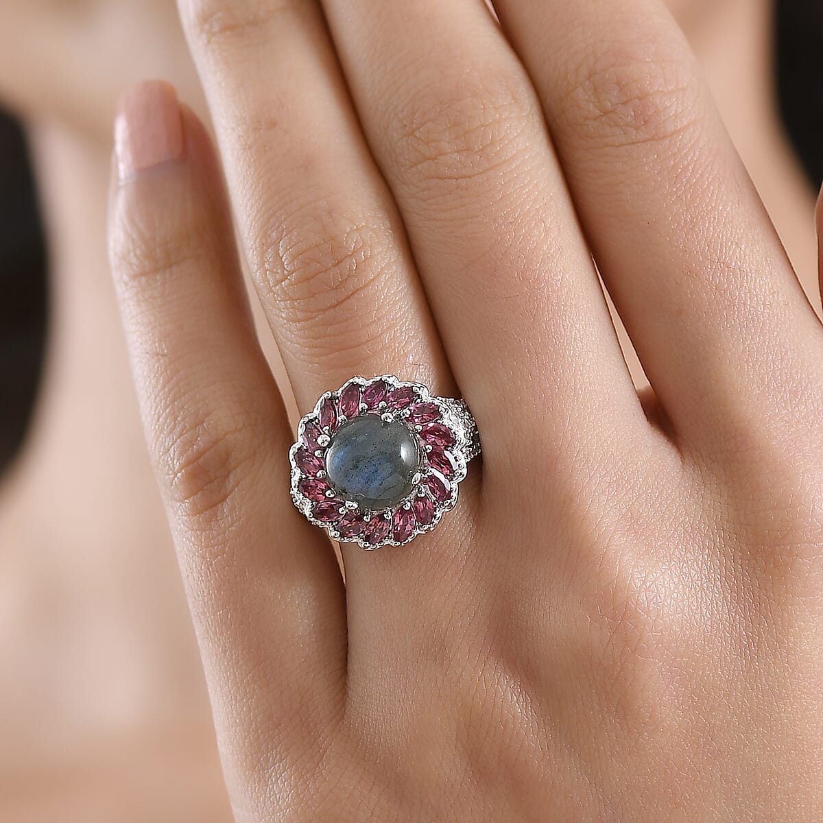 EverTrue Malagasy Labradorite and Multi Gemstone 6.35 ctw Galaxy Petal Ring in Platinum Bond (Size 6.0) image number 2