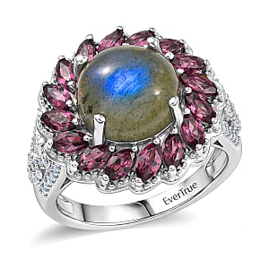 EverTrue Malagasy Labradorite and Multi Gemstone 6.35 ctw Galaxy Petal Ring in Platinum Bond (Size 7.0)