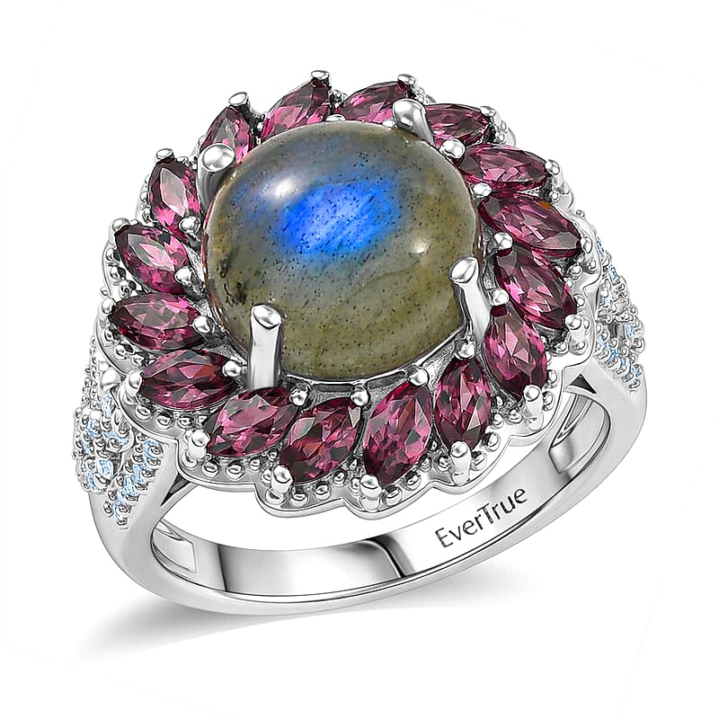 EverTrue Malagasy Labradorite and Multi Gemstone 6.35 ctw Galaxy Petal Ring in Platinum Bond (Size 8.0)