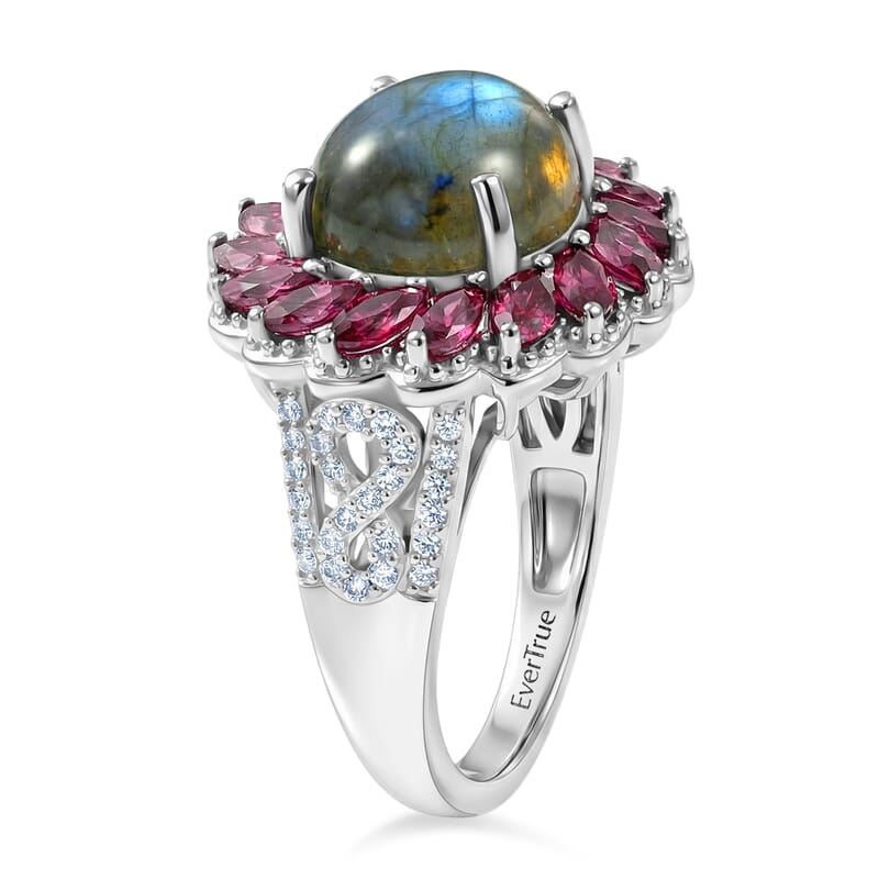 EverTrue Malagasy Labradorite and Multi Gemstone 6.35 ctw Galaxy Petal Ring in Platinum Bond (Size 8.0)