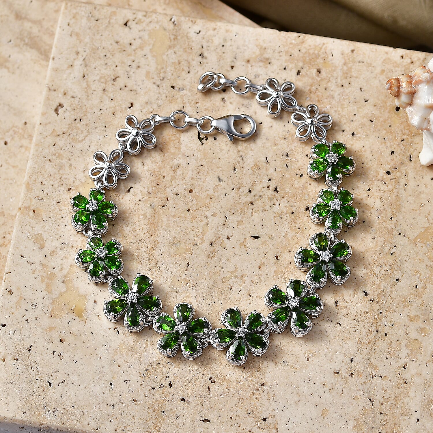 D'Joy Chrome Diopside and White Zircon 9.65 ctw Mandevilla Flower Bracelet in Rhodium Over Sterling Silver (7.25 In)