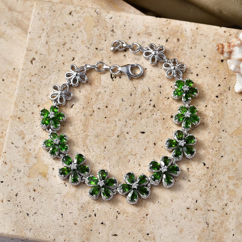 D'Joy Chrome Diopside and White Zircon 9.65 ctw Mandevilla Flower Bracelet in Rhodium Over Sterling Silver (7.25 In)