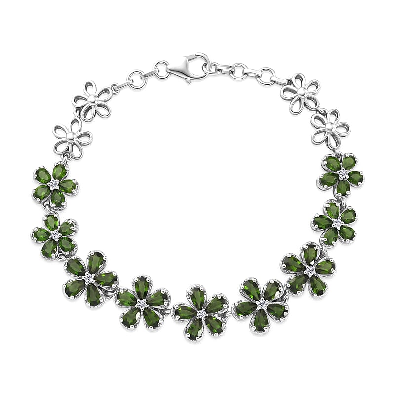 D'Joy Chrome Diopside and White Zircon 9.65 ctw Mandevilla Flower Bracelet in Rhodium Over Sterling Silver (6.50 In)