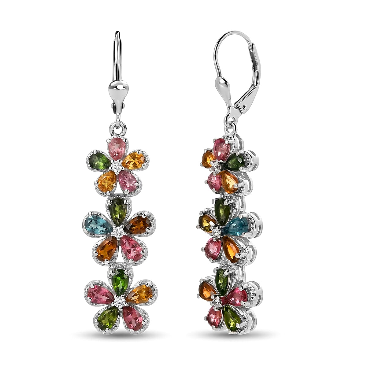 D'Joy Premium Multi-Tourmaline and White Zircon 6.20 ctw Mandevilla Flower Earrings in Rhodium Over Sterling Silver