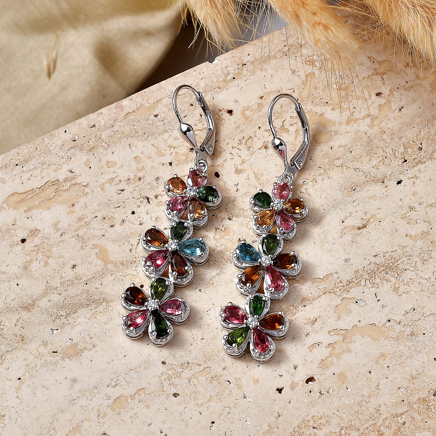 D'Joy Premium Multi-Tourmaline and White Zircon 6.20 ctw Mandevilla Flower Earrings in Rhodium Over Sterling Silver