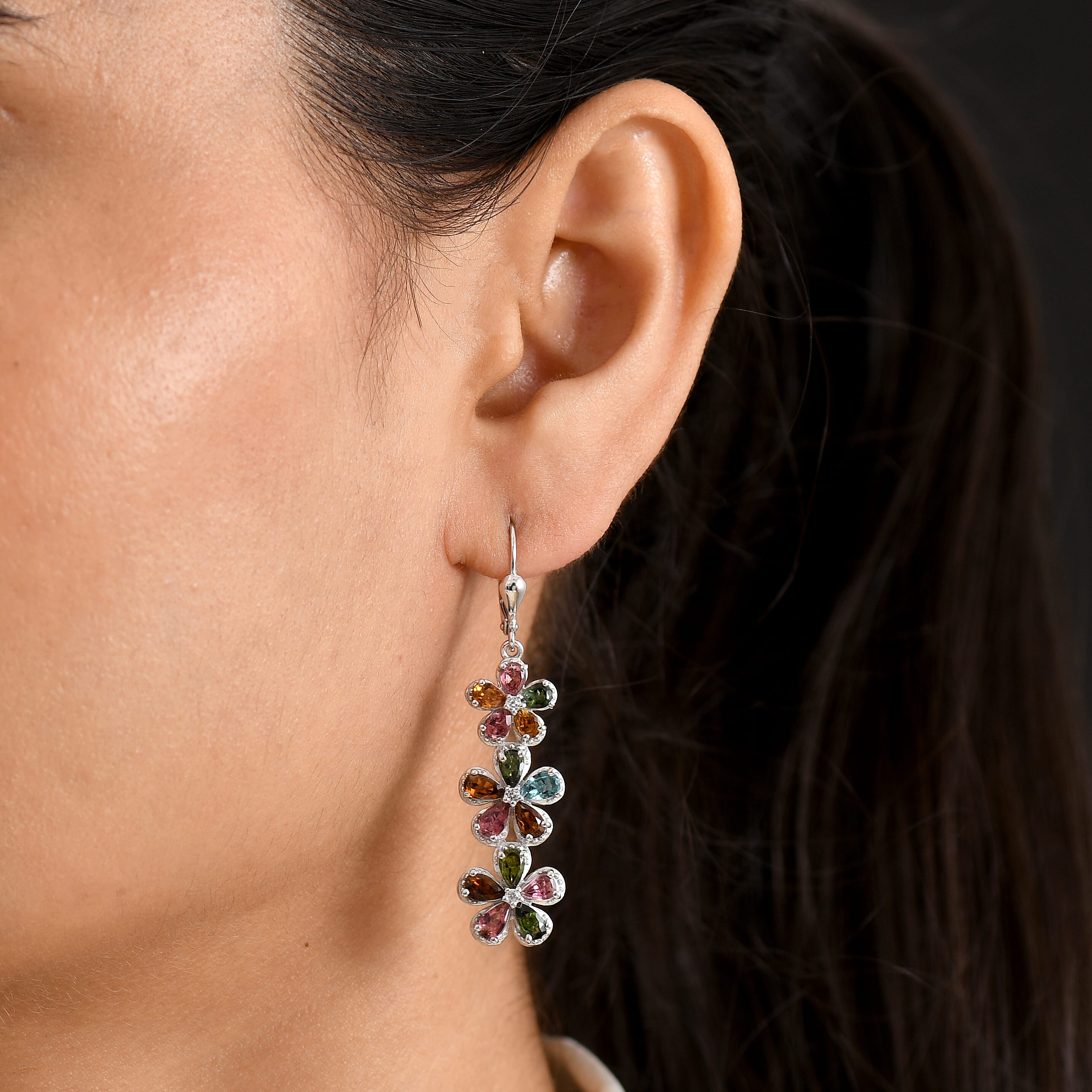 D'Joy Premium Multi-Tourmaline and White Zircon 6.20 ctw Mandevilla Flower Earrings in Rhodium Over Sterling Silver