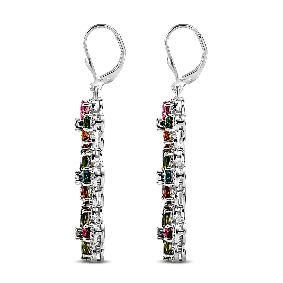 D'Joy Premium Multi-Tourmaline and White Zircon 6.20 ctw Mandevilla Flower Earrings in Rhodium Over Sterling Silver