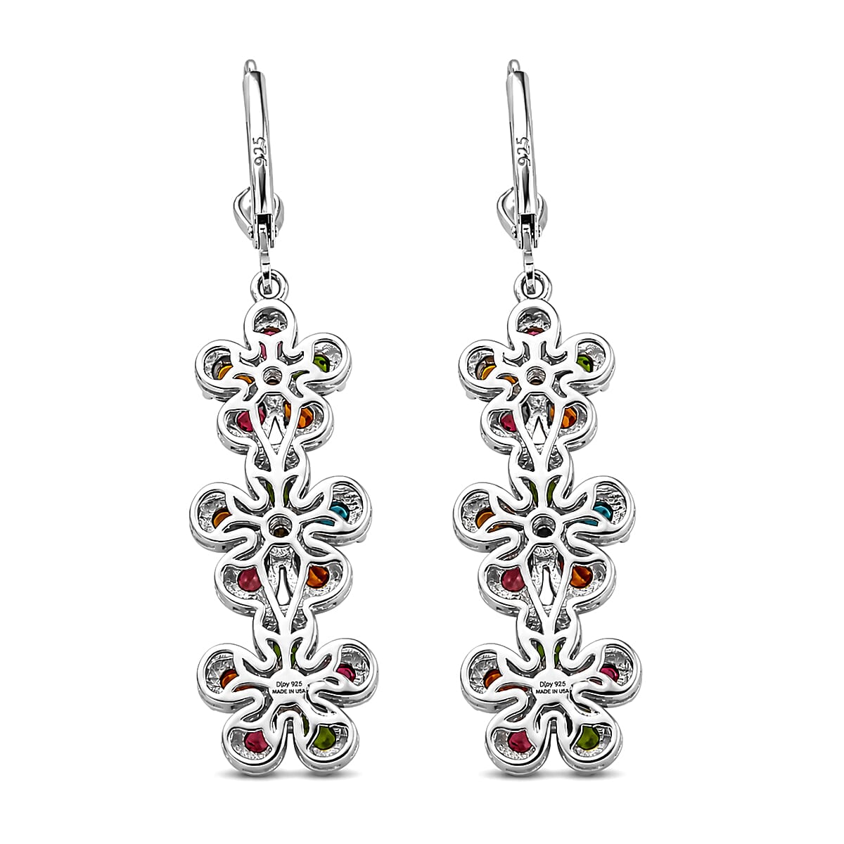 D'Joy Premium Multi-Tourmaline and White Zircon 6.20 ctw Mandevilla Flower Earrings in Rhodium Over Sterling Silver