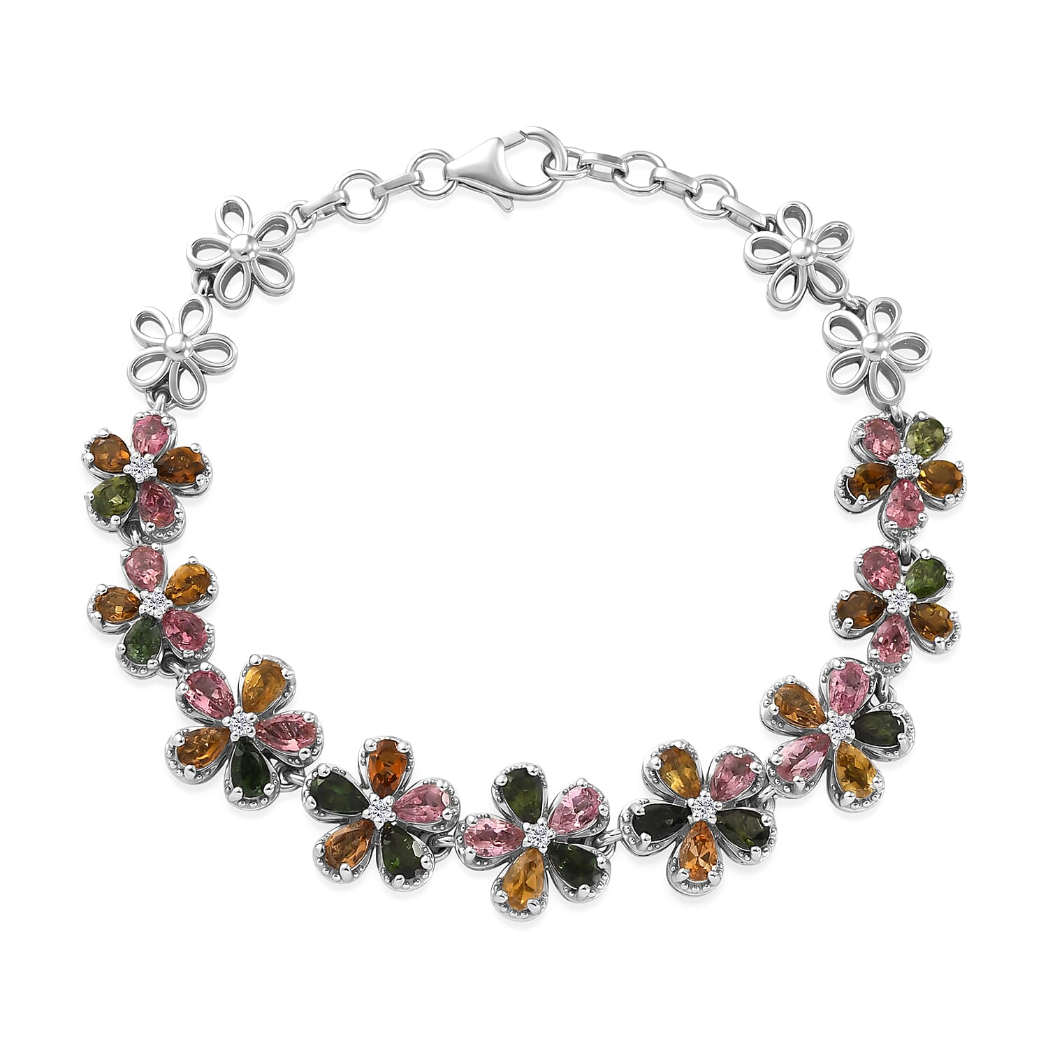 D'Joy Premium Multi-Tourmaline and White Zircon 8.85 ctw Mandevilla Flower Bracelet in Rhodium Over Sterling Silver (6.50 In)