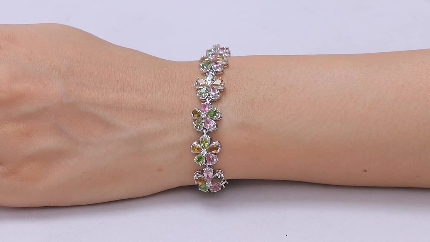 D'Joy Chrome Diopside, White Zircon Mandevilla Flower Bracelet in Rhodium Over Sterling Silver (7.25 In) 9.65 ctw