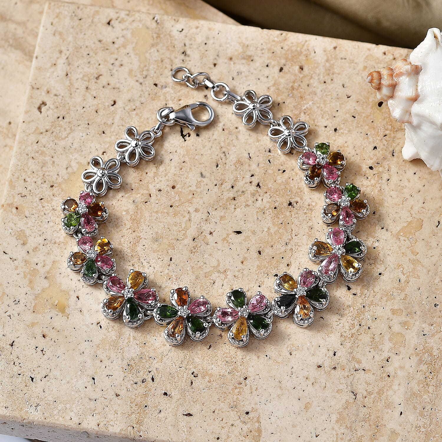 D'Joy Premium Multi-Tourmaline and White Zircon 8.85 ctw Mandevilla Flower Bracelet in Rhodium Over Sterling Silver (6.50 In)