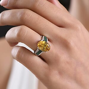 D'Joy Golden Apatite and Multi Gemstone 6.60 ctw Lightstream Ring in Rhodium Over Sterling Silver (Size 10.0)