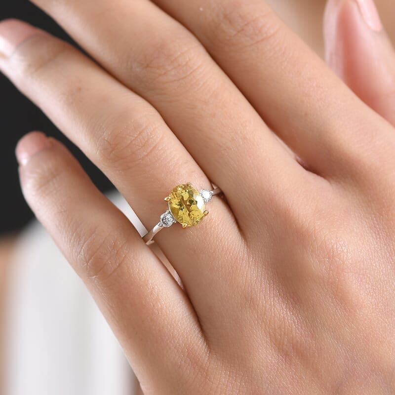Premium Golden Apatite and Luxuriant Lab Grown Diamond G-H SI 2.00 ctw Golden Focus Ring in 18K Vermeil YG and Rhodium Over Sterling Silver (Size 10.0)