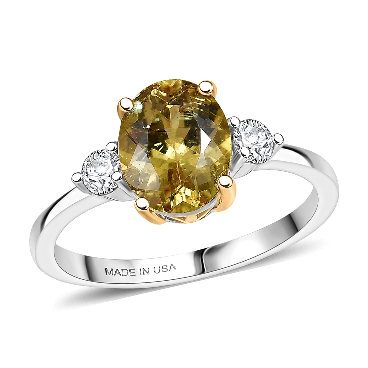Premium Golden Apatite, Luxuriant Lab Grown Diamond (G-H, SI) (0.20 cts) Ring in 18K Vermeil YG and Rhodium Over Sterling Silver (Size 10.0) 2.00 ctw