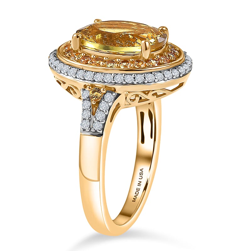 D'Joy Premium Golden Apatite and Multi Gemstone 4.65 ctw Crownlight Halo Ring in 18K Vermeil Yellow Gold Over Sterling Silver (Size 6.0)