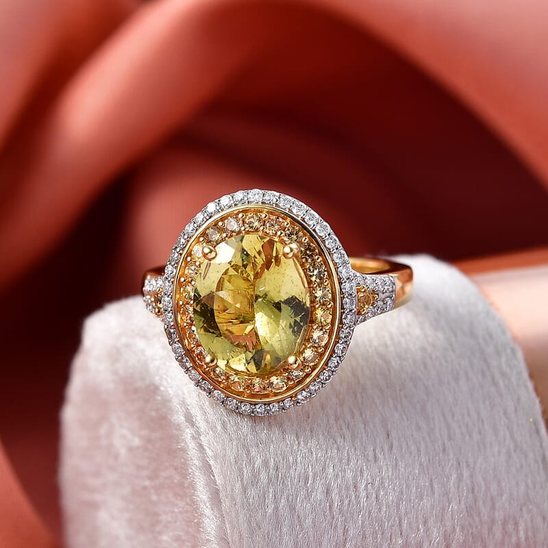 D'Joy Premium Golden Apatite and Multi Gemstone 4.65 ctw Crownlight Halo Ring in 18K Vermeil Yellow Gold Over Sterling Silver (Size 9.0)