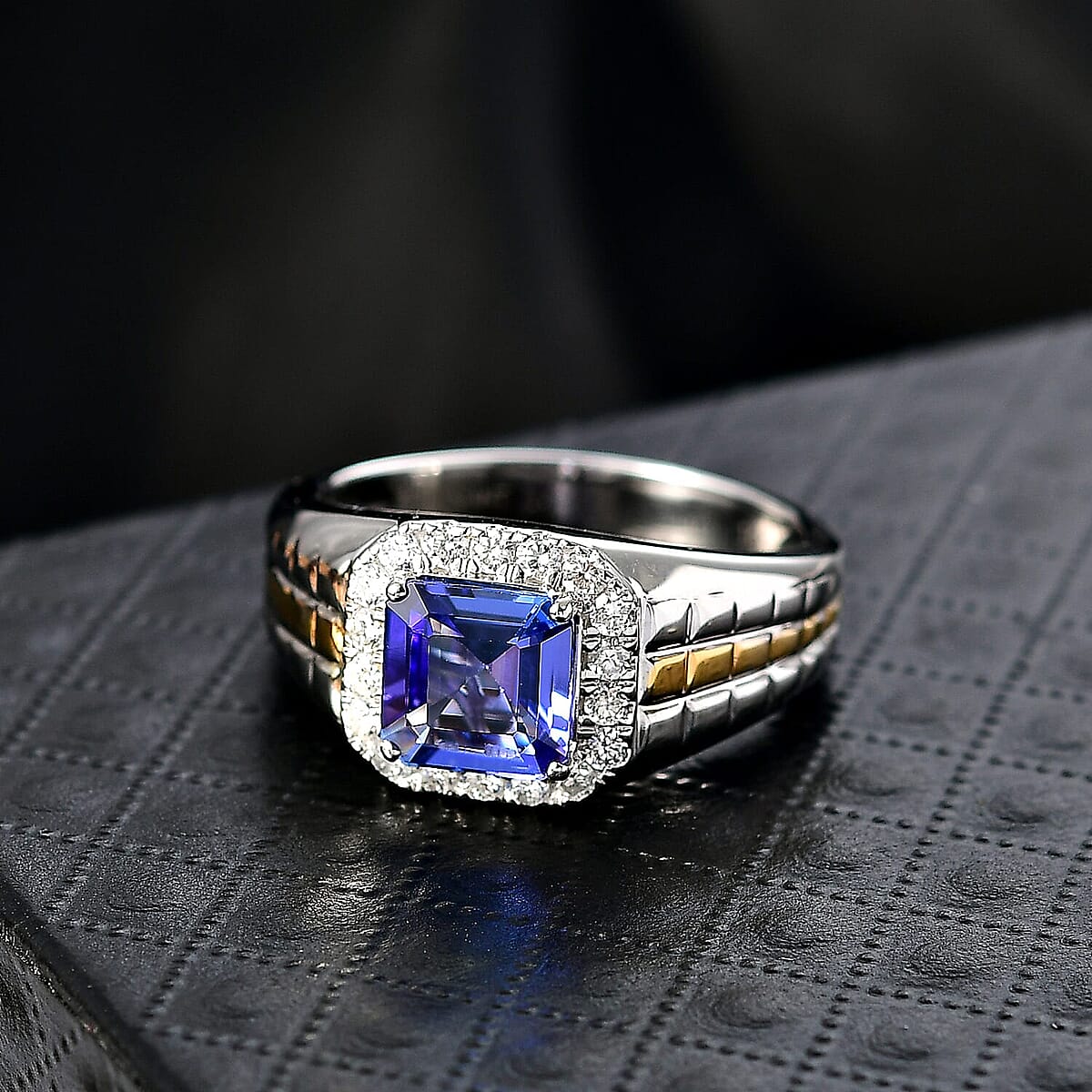 Doorbuster Certified & Appraised Asscher Cut AAA Tanzanite and Luxuriant Diamond G-H SI 3.00 ctw Twin-Tone Majesty Men's Ring in 10K White and Yellow Gold (Size 10.5) 7 Grams image number 1