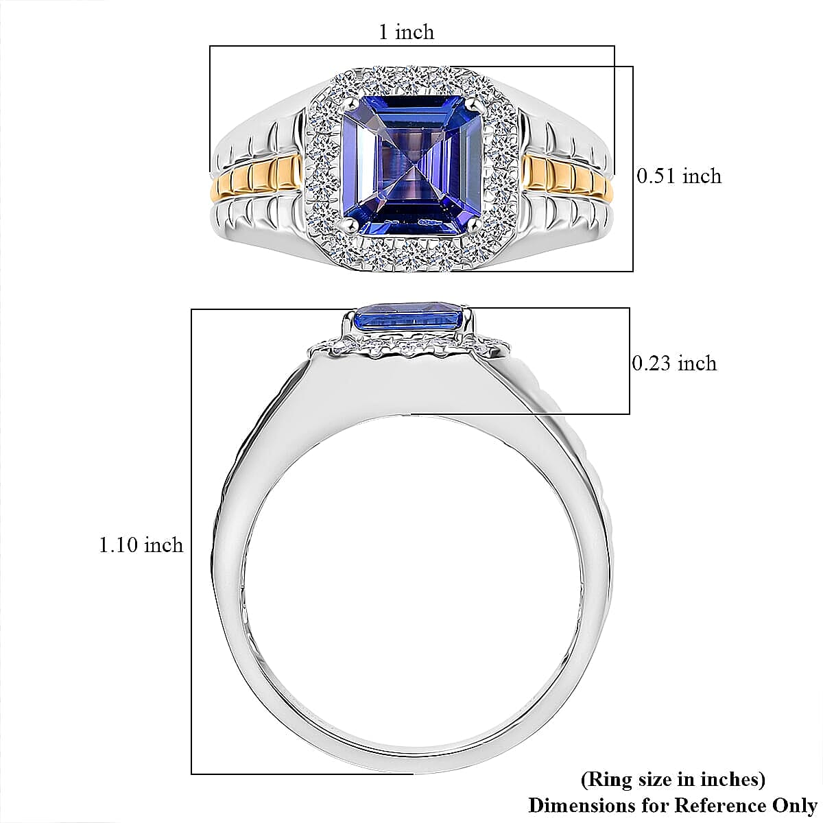 Certified & Appraised 10K White and Yellow Gold Asscher Cut AAA Tanzanite, Luxuriant Lab Grown Diamond (G-H, SI) (0.45 cts) Men's Ring (Size 10.0) (7 g) 3.00 ctw image number 5
