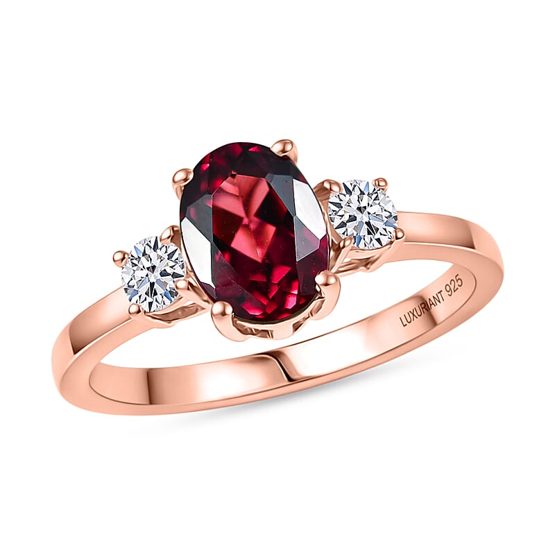 Premium Malawi Magenta Garnet and Luxuriant Lab Grown Diamond G-H SI 1.70 ctw Solace Ring in 18K Vermeil Rose Gold Over Sterling Silver (Size 10.0)