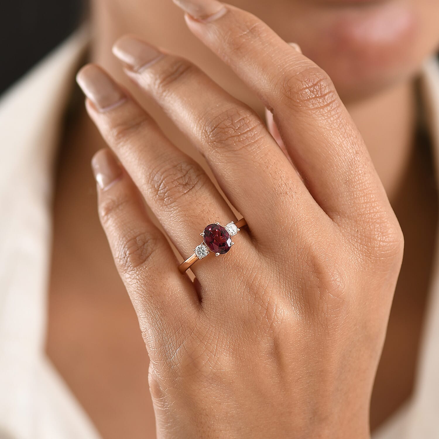 Premium Malawi Magenta Garnet and Luxuriant Lab Grown Diamond G-H SI 1.70 ctw Solace Ring in 18K Vermeil Rose Gold Over Sterling Silver (Size 7.0)
