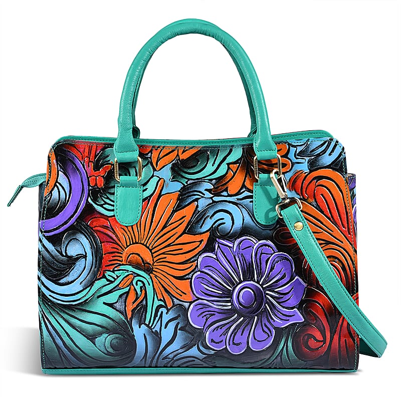La Marey Turquoise Blue Genuine Leather Hand Painted Tooled Satchel Bag