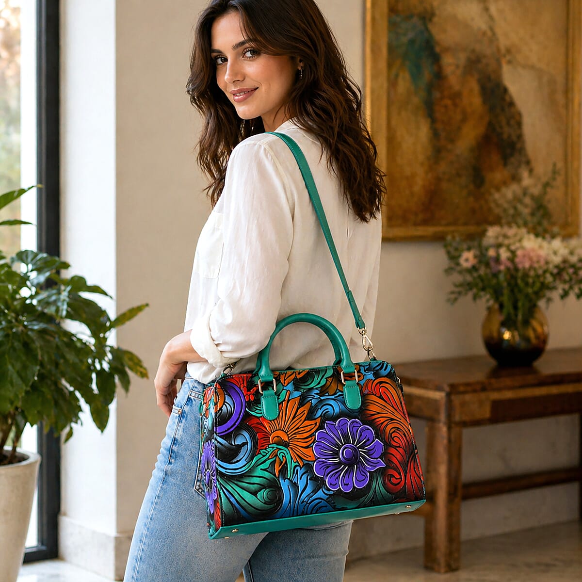 La Marey Turquoise Blue Genuine Leather Hand Painted Tooled Satchel Bag image number 3