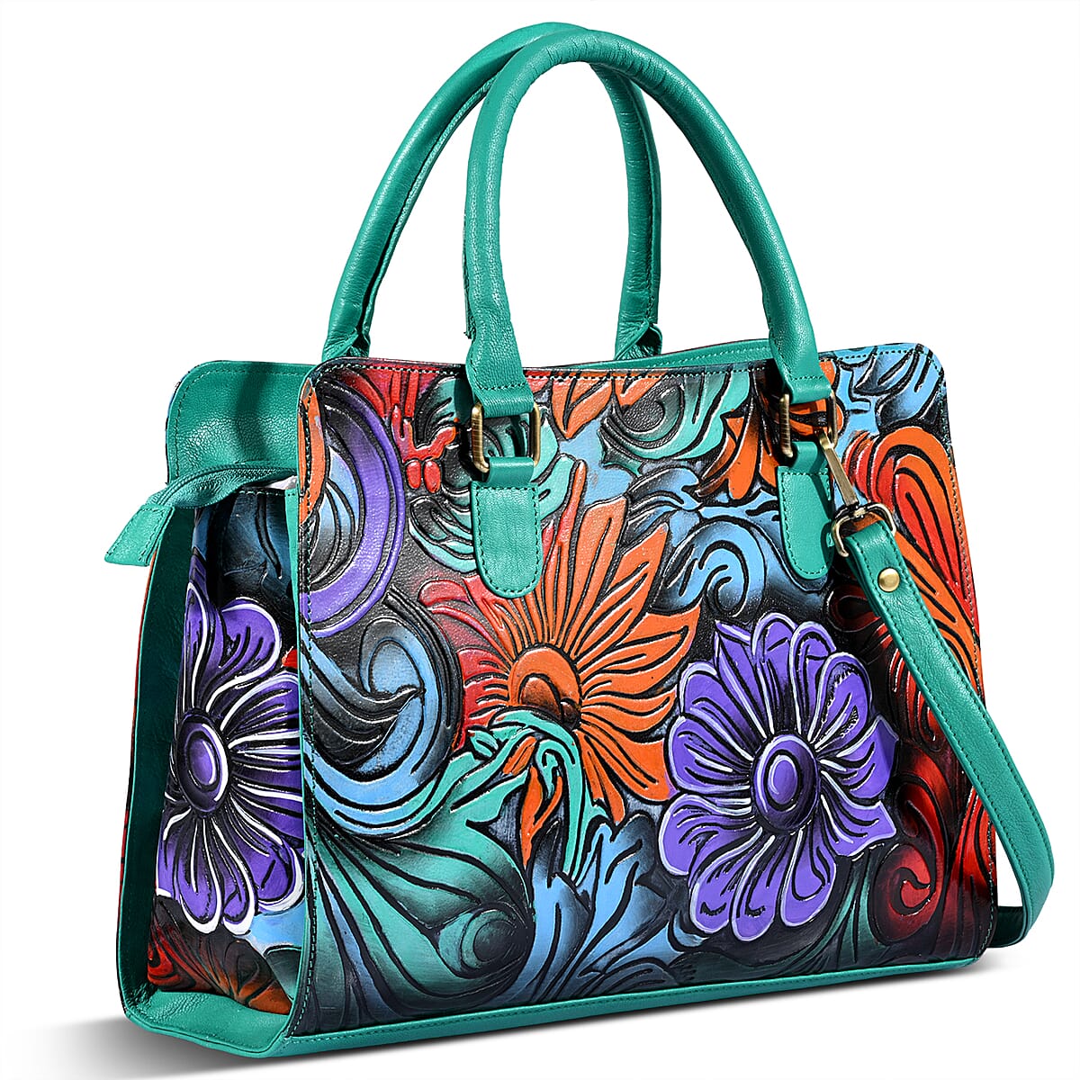 La Marey Turquoise Blue Genuine Leather Hand Painted Tooled Satchel Bag image number 4
