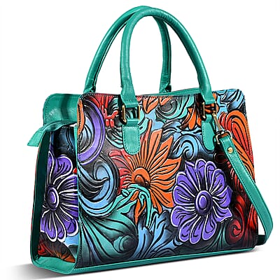 La Marey Turquoise Blue Genuine Leather Hand Painted Tooled Satchel Bag