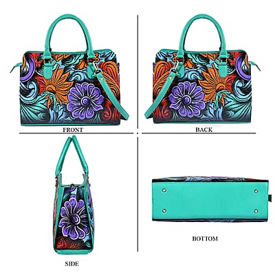 La Marey Turquoise Blue Genuine Leather Hand Painted Tooled Satchel Bag