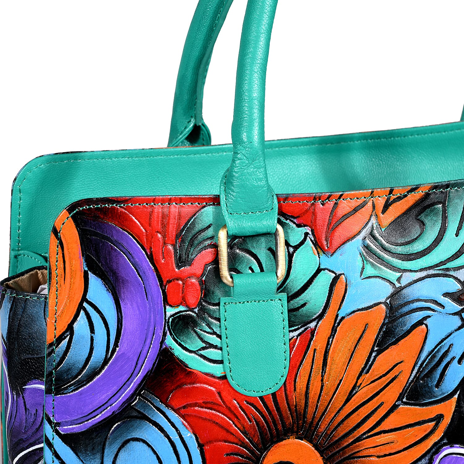 La Marey Turquoise Blue Genuine Leather Hand Painted Tooled Satchel Bag
