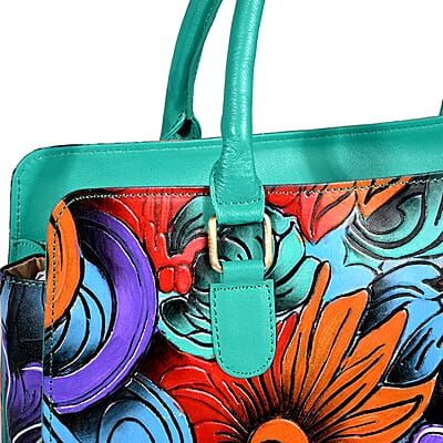 La Marey Turquoise Blue Genuine Leather Hand Painted Tooled Satchel Bag