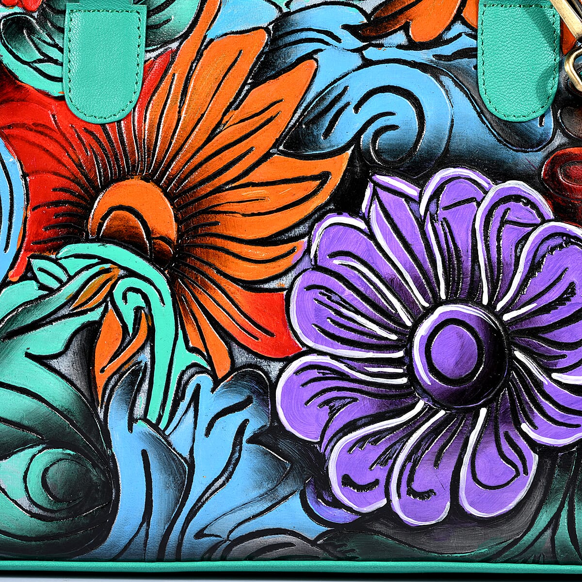 La Marey Turquoise Blue Genuine Leather Hand Painted Tooled Satchel Bag image number 7