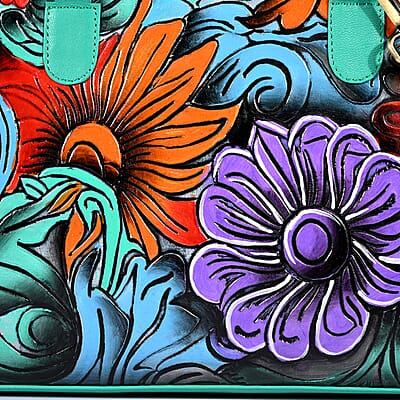 La Marey Turquoise Blue Genuine Leather Hand Painted Tooled Satchel Bag