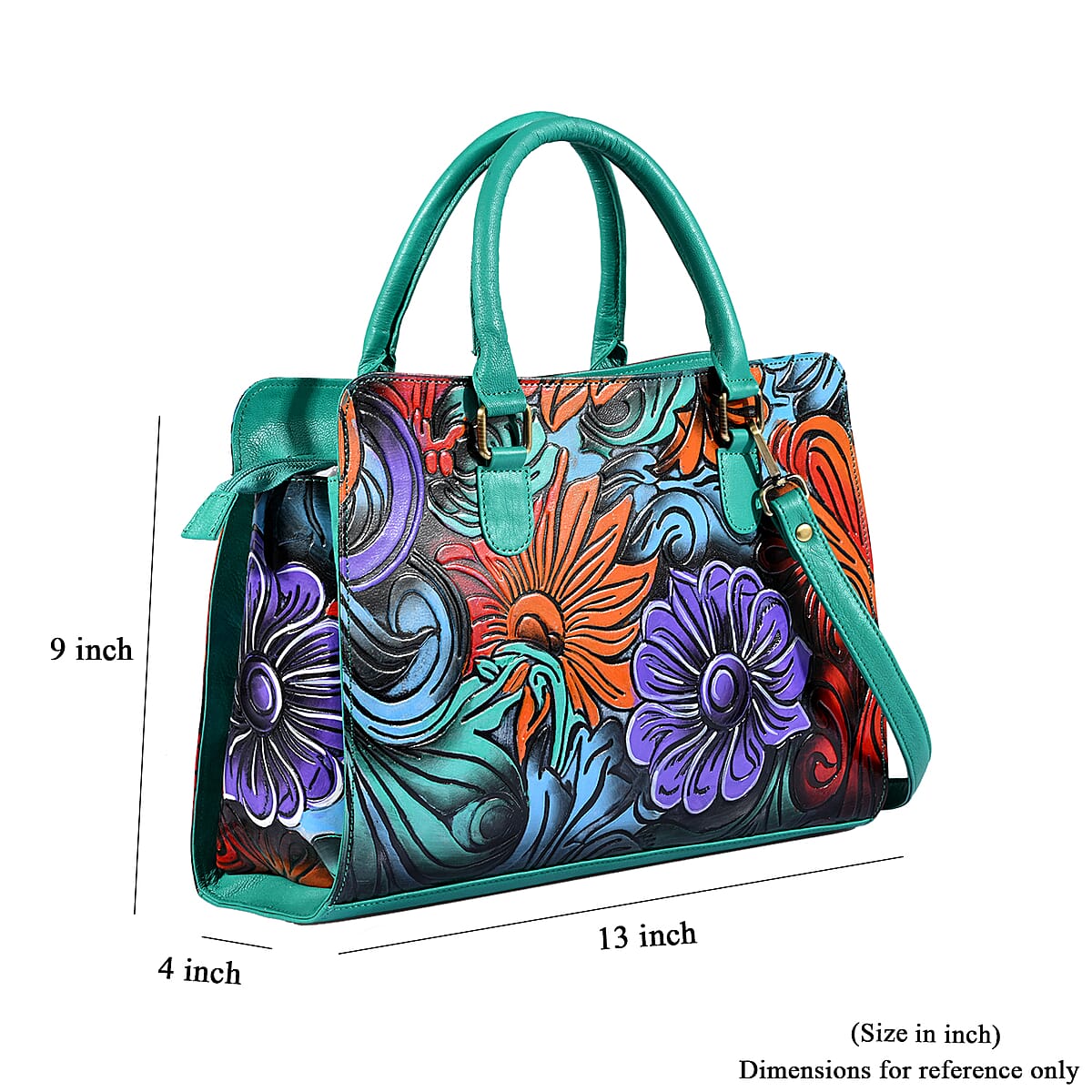 La Marey Turquoise Blue Genuine Leather Hand Painted Tooled Satchel Bag image number 8