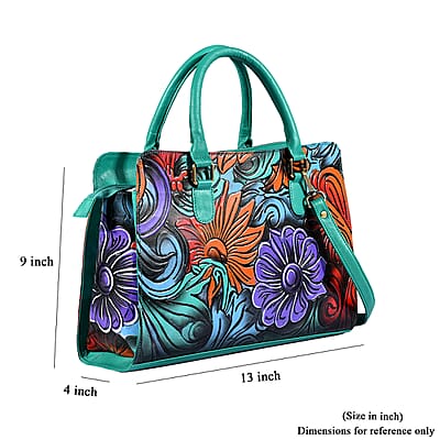 La Marey Turquoise Blue Genuine Leather Hand Painted Tooled Satchel Bag