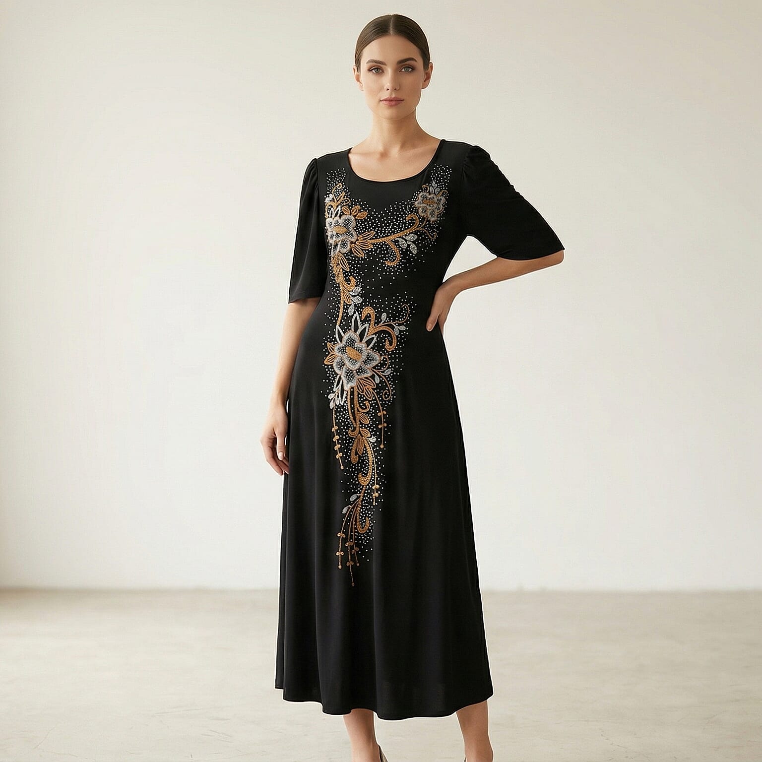 La Marey Black Crystal Embellished Dress - One Size Missy