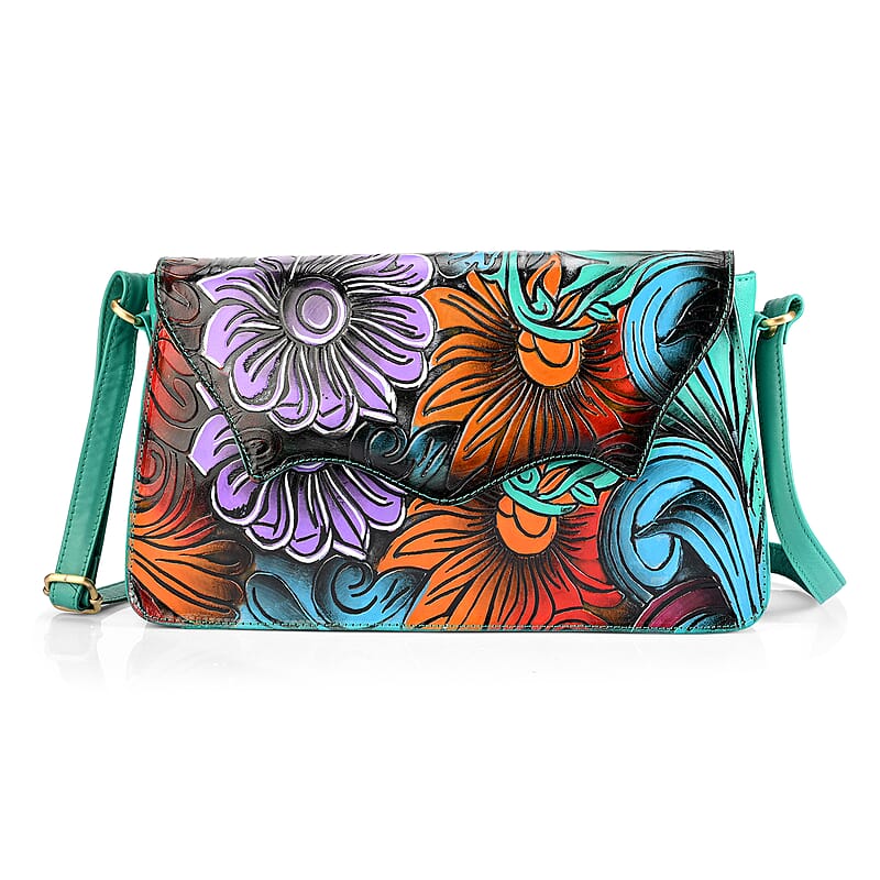 La Marey Turquoise Blue Genuine Leather Hand Painted Tooled Crossbody Bag