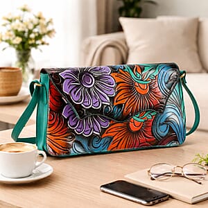 La Marey Turquoise Blue Genuine Leather Hand Painted Tooled Crossbody Bag