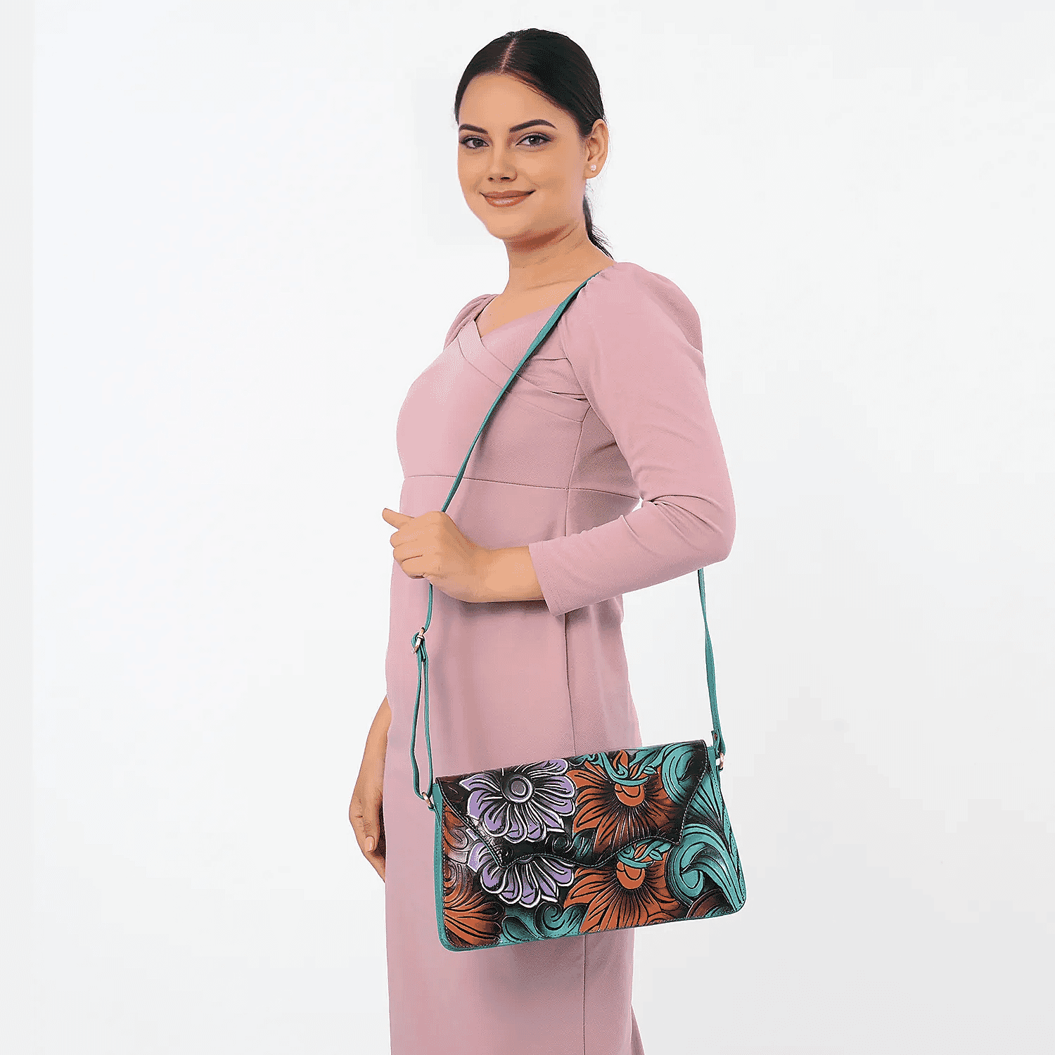 La Marey Turquoise Blue Genuine Leather Hand Painted Tooled Crossbody Bag